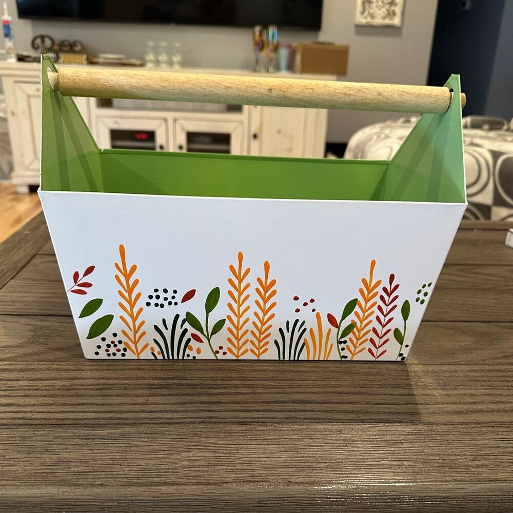 White Hand Painted Floral Metal Caddie With Wooden Handle